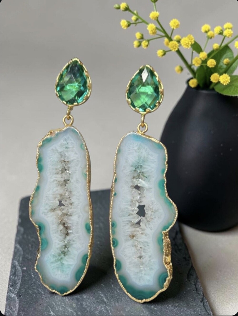 18k Gold Plated Artisan Emerald Crystal  Geode Sugar Druzy Agate Stone Earrings